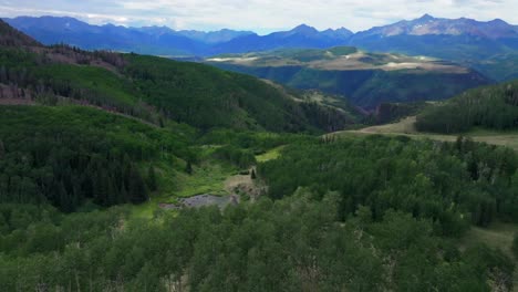 Summer-Telluride-Colorado-aerial-drone-Uncompahgre-Forest-Aspen-Tree-grove-Last-Dollar-Road-airport-ski-resort-Lizard-Head-Wilson-Peak-landscape-vista-San-Juan-Rocky-Mountains-Range-backwards-pan-up