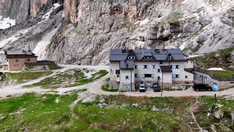 Aerial-view-above-Val-di-Tires,-with-the-Catinaccio---Torri-del-Vajolet-Rosengarten-in-the-background,-South-Tyrol,-Italy