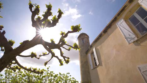 Peaceful-idyllic-French-style-building-with-round-tower-and-white-shutters,-bathed-in-sunlight