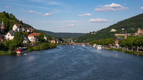 Panoramic-panning-Time-lapse-of-Heidelberg-City-Landmarks-and-river-traffic