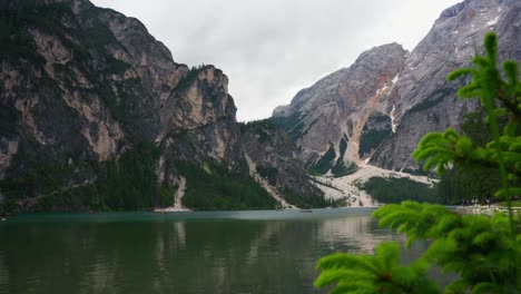 Scenic-Lake-Prags-In-The-Prags-Dolomites-In-South-Tyrol,-Italy---Wide-Shot