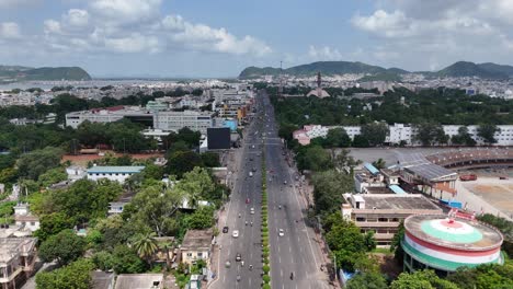 Aerial-footage-of-Vijayawada,-near-the-state-capital-of-Andhra-Pradesh,-India,-shows-Amaravati