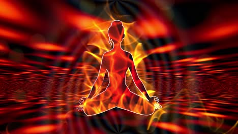 Female-silhouette-performing-Yoga-pose-Sukhasana-with-orange-energy-and-moving-red-background-3D-animation