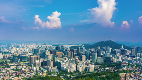 Seoul-City-Skyline-Time-Lapse-of-Moving-Clounds-at-Sunset,-Business-Downtown-Distict-with-Many-Skyscrapers-and-Office-Buildings-Around-Namsan-Tower,-South-Korea---static