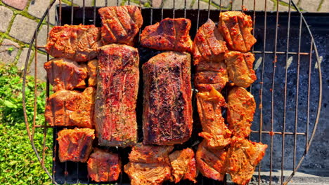 Large-ribs-and-steaks-sizzle-on-the-grill,-surrounded-by-smoky-chops-and-kabobs