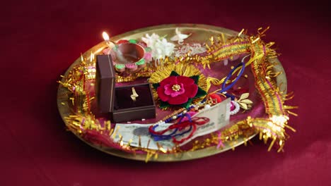 isolated-holy-plate-decorated-with-religious-thread-rakhi-at-hindu-raksha-bandhan-festival-at-indoor