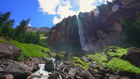 Telluride-Bridal-Veil-Falls-Waterfall-landscape-Colorado-Ouray-sunny-Black-Bear-Pass-Road-Ridgway-Box-Canyon-cliffside-hydropower-house-4wd-hiking-bluesky-cliffside-valley-Aspen-Forest-pan-down