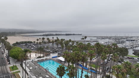 Santa-Barbara-California,-view-of-pool-by-harbor-on-a-cloudy-day