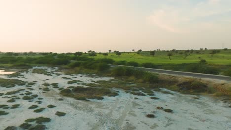 Moving-drone-shot-capturing-serene,-amazing-landscape-at-Rann-Of-Kutch-Tharparkar-in-Sindh,-Pakistan