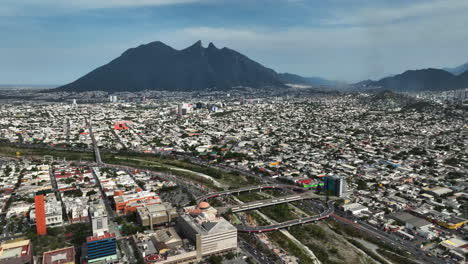 Panoramic-drone-shot-overlooking-the-cityscape-of-Monterrey-city-sunny-Mexico