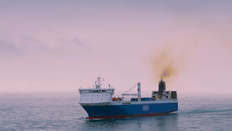 Cargo-Ship-Vessel-Sailing-on-Calm-Sea-in-English-Channel-Transporting-Goods-to-Grow-Global-Economy-with-Diesel-Fumes-Coming-Out-Funnel-4K