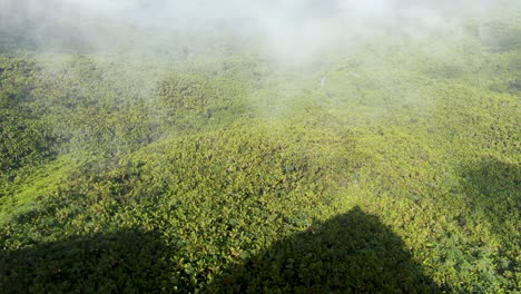 Luftüberflug-Von-Einem-Steinturm-Durch-Die-Wolken-Mit-Einem-Weiten-Blick-Auf-Einen-Tropischen-Regenwald