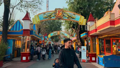 Open-view-of-the-arches-of-Fantasilandia,-a-family-amusement-park-in-Santiago,-Chile