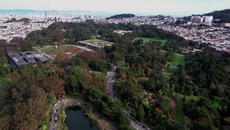 Aerial-View-of-Golden-Gate-Park-Landscape,-Lake-and-Trees,-San-Francisco-California-USA