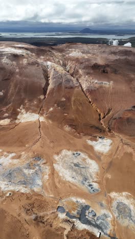 Aerial-View-of-Hverir-Geothermal-Area's-Dramatic-Landscape-and-Steam-Vents,-vertical