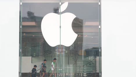 Customers-ascending-the-staircase-at-the-Apple-Store,-the-American-tech-company