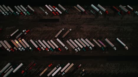 Top-view-of-Semi-trucks-parked-at-truck-stop-in-Wisconsin,-USA