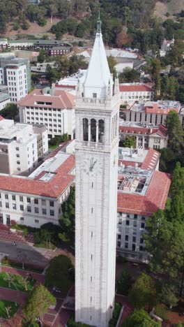 Vertical-Drone-Shot-of-Campanile-Tower,-Landmark-of-Berkeley-University-Campus,-California-USA