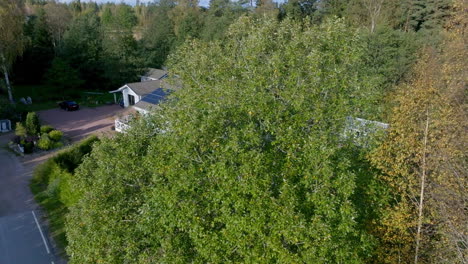 Panoramic-drone-shot-orbiting-a-house-powered-by-a-photovoltaic-system,-autumn-day