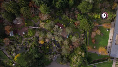 Top-Down-Aerial-View,-Japanese-Tea-Garden-and-House-in-Golden-Gate-Park,-San-Francisco-CA-USA,-High-Angle-Drone-Shot