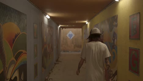 Person-walks-through-an-art-covered-tunnel-with-colorful-murals-on-both-walls-during-daytime