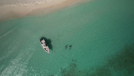 Aerial-ZENITH-view-PEOPLE-BATH-CARIBBEAN-SEA,-beach-VACATION,-Los-Roques-Venezuela