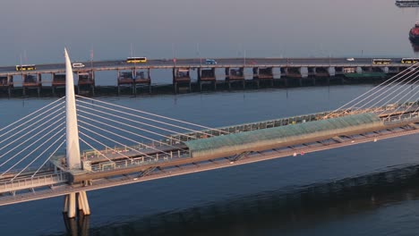 Birds-Eye-View-of-Golden-Horn-Metro-Bridge-in-Istanbul,-Turkey