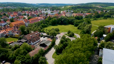 4K-Aerial-Drone-Video-of-the-Historic-Homes-in-Downtown-Ansbach,-Germany