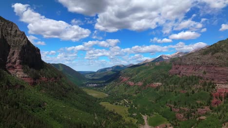 Downtown-Telluride-Colorado-summer-Box-Canyon-Black-Bear-Pass-Road-Bridal-Veil-Falls-aerial-drone-Ouray-Ridgway-Yankee-Boy-Basin-4wd-hiking-bluesky-cliffside-valley-Aspen-Forest-ponds-upward-pan-down