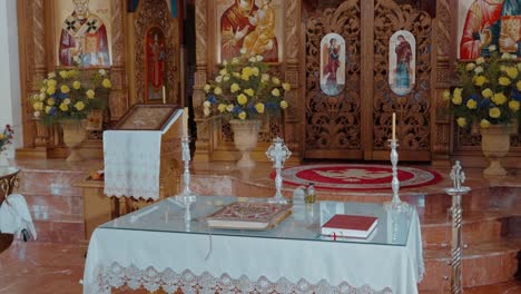 Ortdodox-altar-setup:-Euchologion,-holy-oil,-altar-cross