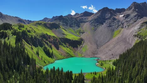 Sunny-morning-summer-hiking-trail-Lower-Blue-Lake-Mount-Sneffels-Wilderness-Ridgway-Telluride-Colorado-aerial-drone-San-Juan-Rocky-Mountains-Uncompahgre-National-Forest-blue-sky-forward-motion