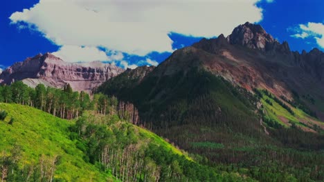 Mount-Sneffels-14er-Gipfel-Wildnis-Blaue-Seen-Ausgangspunkt-Last-Dollar-Road-Ridgway-Colorado-Luftdrohne-Sommer-Uncompahgre-National-Forest-Espen-Bäume-Blauer-Himmel-Wolken-Aufwärtsbewegung-