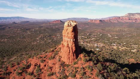 Sedona-Arizona-USA,-Aerial-View-of-Chimney-Sandstone-Rock-and-Desert-Landscape-on-Hot-Sunny-Day