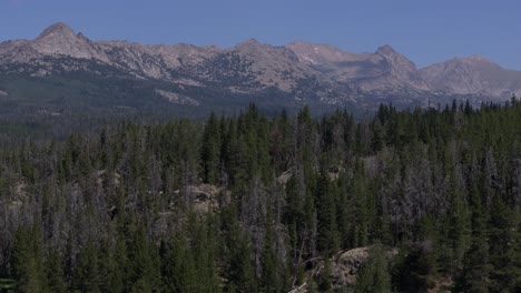 Aerial-overview-of-dense-forests-and-rocky-mountain-peaks-in-the-Wind-River-Wilderness,-Wyoming,-near-the-Big-Sandy-Trailhead