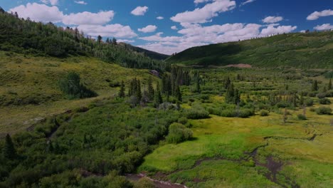 Mount-Sneffels-Wilderness-Blue-Lakes-Trailhead-Last-Dollar-Road-Ridgway-Colorado-aerial-drone-summer-green-lush-valley-creek-river-Uncompahgre-National-Forest-Aspen-trees-blue-skies-clouds-backwards