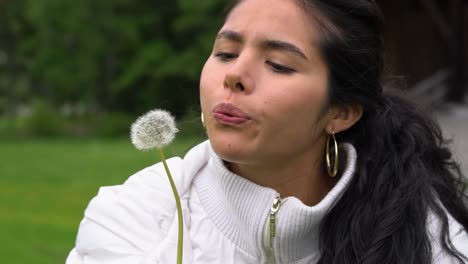 Glückliche-Latina-Frau-Bläst-Löwenzahn-Im-Grünen-Park,-Nahaufnahme