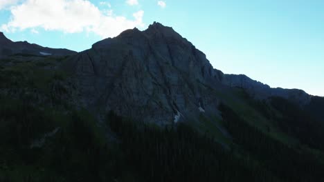 Mount-Sneffels-Rocky-Mountains-peak-Wilderness-Ridgway-Telluride-Colorado-aerial-drone-summer-sunset-dusk-golden-hour-shaded-peaks-Lower-Blue-Lake-San-Juan-Uncompahgre-National-Forest-upwards