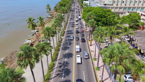 Drone-flight-over-George-Washington-avenue-pier,-Santo-Domingo,-Dominican-Republic