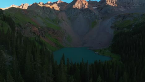 Sunset-dusk-Lower-Blue-Lake-Mount-Sneffels-Wilderness-Ridgway-Telluride-Colorado-aerial-drone-golden-hour-shaded-peaks-San-Juan-Rocky-Mountains-Uncompahgre-National-Forest-last-sunlight-circle-pan-up