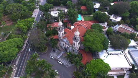 Aerial-view-of-Igreja-Nossa-Senhora-do-Brasil-in-São-Paulo,-Brazil,-located-in-the-Jardim-América