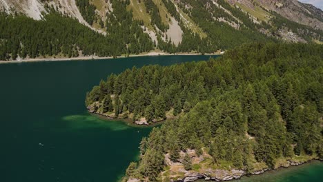 Lake-Sils-in-Switzerland-Upper-Engadine-valley,-Grisons-Swiss-nature-aerial