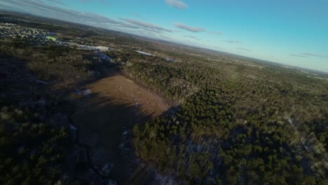 FPV-drone-shot-of-forest-land-tall-pine-trees-and-barren-patches-after-forest-fire-at-sunset