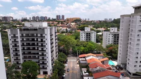 Aerial-view-of-Regente-León-Kaniefsky-Street-in-the-upscale-Jardim-Guedala-neighborhood,-São-Paulo,-Brazil,-showcasing-urban-development-amidst-lush-greenery