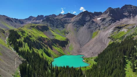 Sonniger-Morgen-Sommer-Unterer-Blauer-See-Mount-Sneffels-Wildnis-Wunderschöner-Ridgway-Telluride-Colorado-Luftdrohne-San-Juan-Rocky-Mountains-Uncompahgre-Nationalwald-Dallas-Range-Blauer-Himmel-Kreis-Rechts