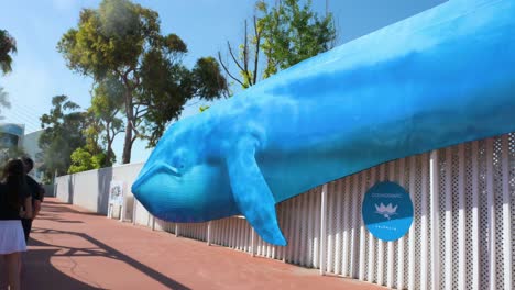 At-Oceanografic-in-Valencia,-visitors-pass-a-vast-whale-image