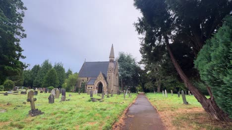 Orthodox-cemetery-church,-abandoned-looking-creepy-place-with-tombstones