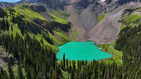 Lower-Blue-LakeMount-Sneffels-Wilderness-beautiful-sunny-morning-Ridgway-Telluride-Colorado-aerial-drone-San-Juan-Rocky-Mountains-Uncompahgre-National-Forest-Dallas-Range-blue-sky-circle-right-pan-up