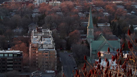 View-from-the-Mount-Royal-at-sunset-close-to-the-University-of-Montreal,-in-Montreal,-Quebec,-Canada