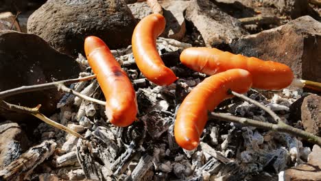 Sausages-deliciously-barbecued-over-open-charcoal-fire-using-carved-wooden-sticks