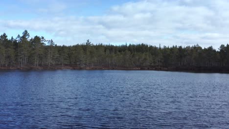 Drone-shot-of-small-Swedish-lake-panning-upwards-to-sky